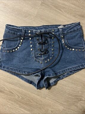 Missguided Dark Blue Studded Lace-Up Denim Shorts